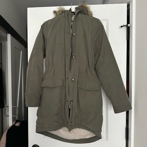 Abercrombie & Fitch Khaki Utility Jacket with Faux Fur Hood